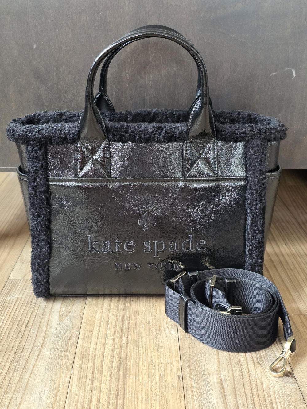 kate spade New York Black Jett Faux Shearling-Trim Leather Tote